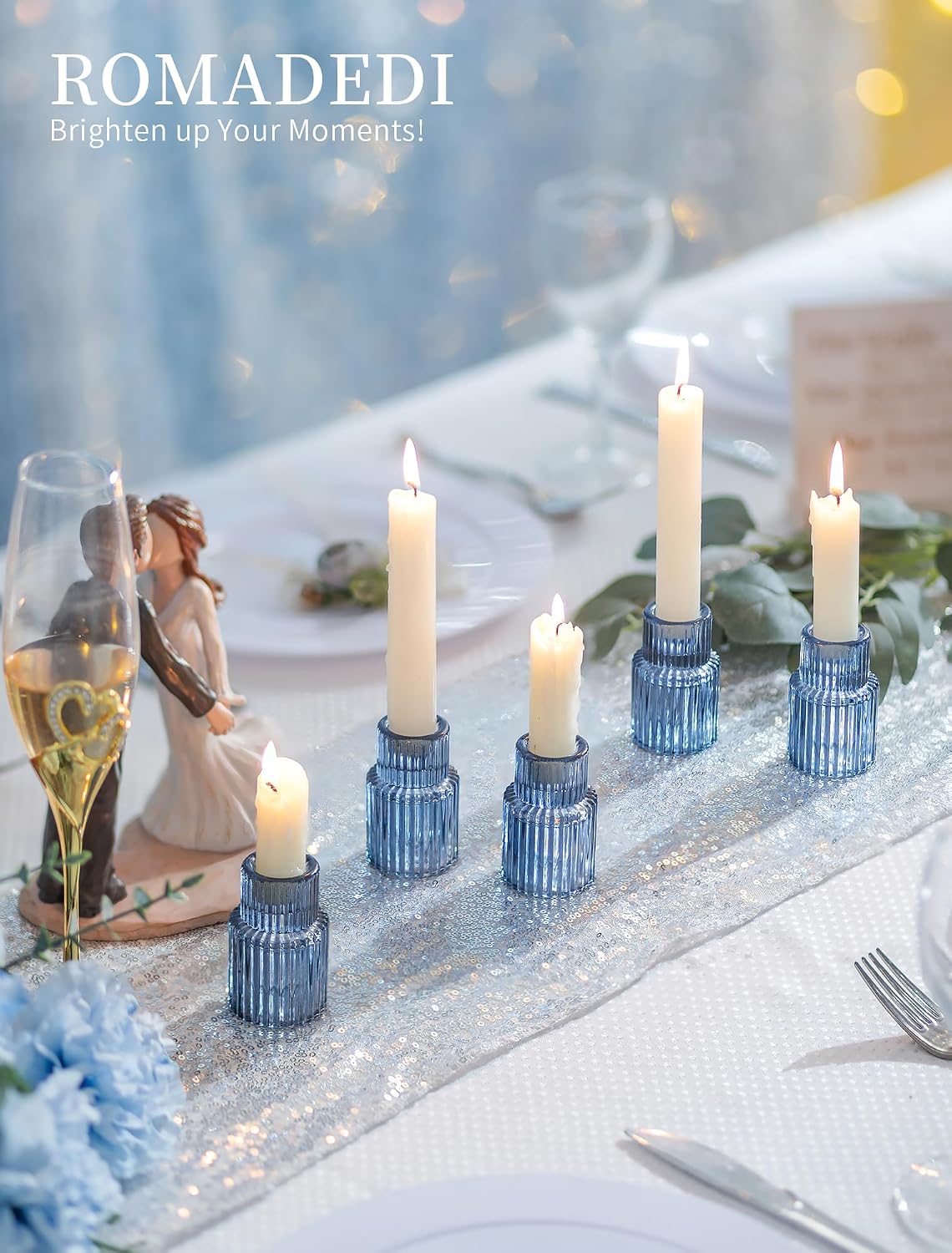 Romadedi Glass Candle Holders for Candlestick - 10 Pcs Blue Tapered Candle Sticks Holder Decor Bulk for Wedding Table Centerpiece Ribbed Taper Holder for Birthday Party Bridal Showers