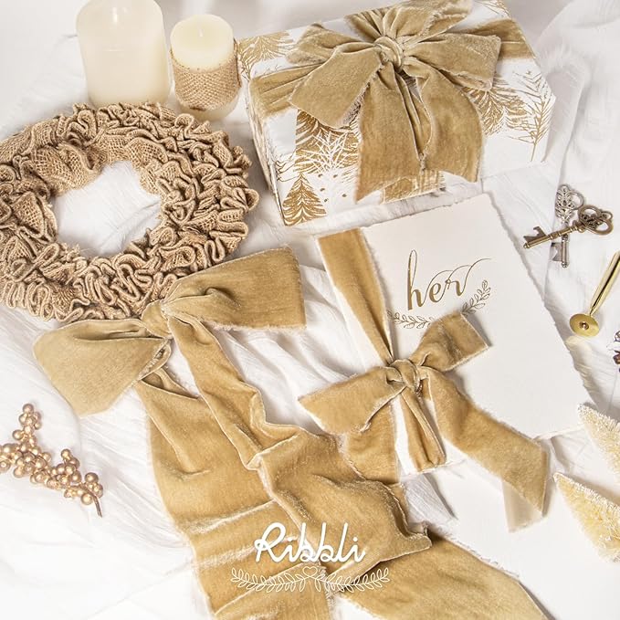 Ribbli Light Champagne Velvet Ribbon 1.5 Inch Handmade Frayed Christmas Ribbon for Gift Wrapping Christmas Tree Ornament Wreath Craft Home Decor -Total 3 Yards with Wooden Spool