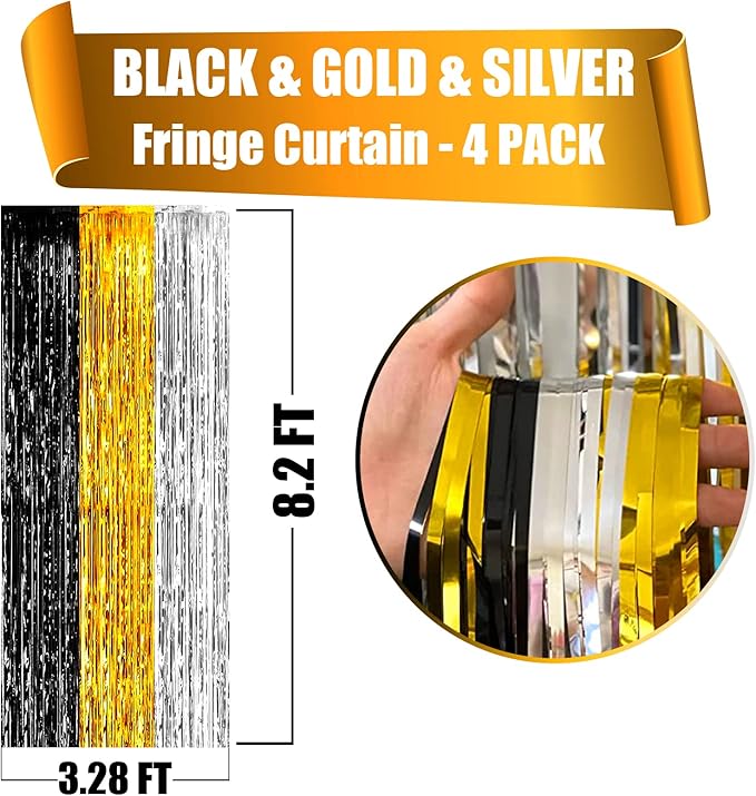 4 Pack Black Gold Silver Foil Fringe Curtain Backdrop, 3.28Ft x 8.2Ft Metallic Tinsel Foil Fringe Streamers for Photo Booth, Wedding, Notorious One Birthday Roaring 20s Graduation Party Decoration