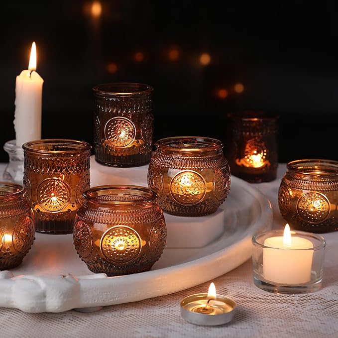 DARJEN 24Pcs Amber Votive Candle Holders - Vintage Glass Candle Holder, Candle Holders Bulk for Wedding & Home Decoration, Tea Lights Candle Holders for Festival Party Gift