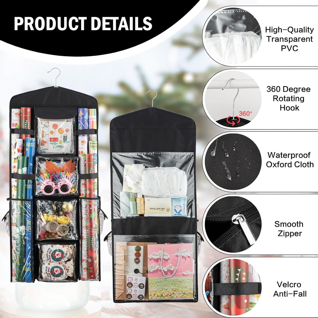 Christmas Wrapping Paper Organizer Storage, Hanging Gift Bag Storage Organizer, Double-Sided Wrapping Paper Holder Storage - Black