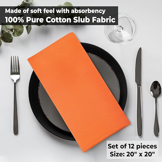 Urban Villa Cloth Napkins Halloween Dinner Napkins Solid Orange Color 20''x20'' (Set of 12) 100% Cotton Slub Absorbent Napkins Soft Durable Reusable Washable Ideal for Events Parties Everyday use