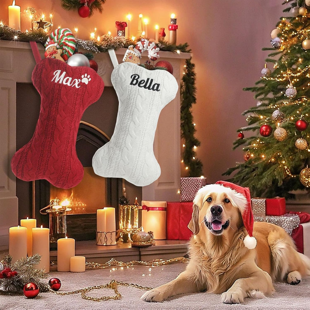 Personalized Dog Christmas Stockings - Custom Embroidered Pet Name & Bone Shape Stocking for Doggie, 15.7” Large Knit Monogram Xmas Stockings for Fireplace Holiday Decor Gift(1 Pack)