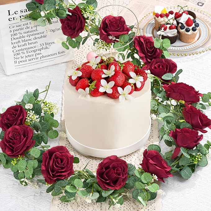 Dolicer 2Pcs 13Ft Artificial Eucalyptus Garlands with Flowers - 8 Roses, Faux Floral Greenery Garlands Fake Flowers Vines for Wedding Table Centerpieces Arch Party Ceremony Backdrop Decor (Red)