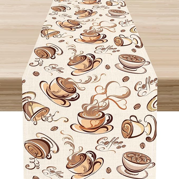 Coffee Time Table Runner, Farmhouse Retro Coffee Cup Tea Party Cafe Table Center Decor for Home Kitchen Dining Patio Holiday Party Indoor Outdoor Table Decorations,13"x36" Inch