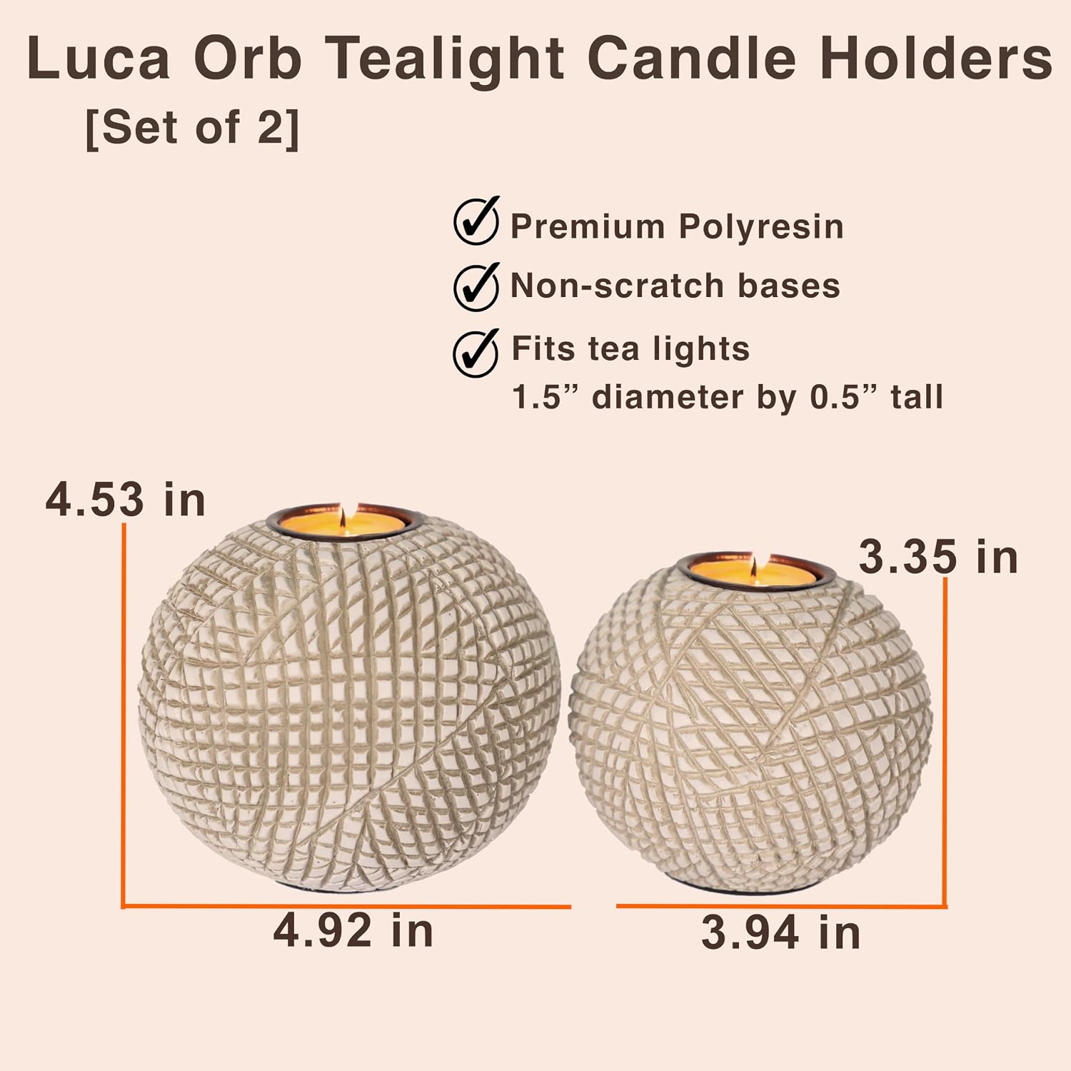 Luca Beige Orb Tea Light Candle Holders, Gift Boxed Set of 2 | Beige and white grid-pattern orbs for coffee table, console, entryway, mantel, dining centerpiece; coastal, modern, farmhouse