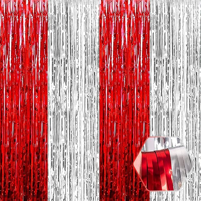 6 Pack Red Silver Foil Fringe Curtain Backdrop, 3.28Ft x 8.2Ft Metallic Tinsel Foil Fringe Streamer Curtains for Photo Booth, Birthday, Wedding, New Year Party Decorations