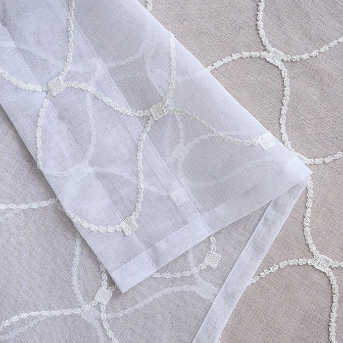 MYSTIC-HOME Embroidery White Sheer Curtains 84 Inches Long, Rod Pocket Sheer Drapes for Living Room, Bedroom, 2 Panels, 52"x84", Semi Crinkle Voile Window Treatments for Yard, Patio, Villa, Parlor.
