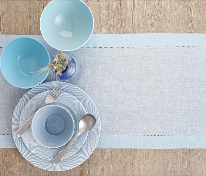 Solino Home Linen Light Blue Table Runner 60 Inches - Classic Hemstitch, 100% Pure Linen Coffee Table Runner 14 x 60 Inch Ideal for Dresser Tables
