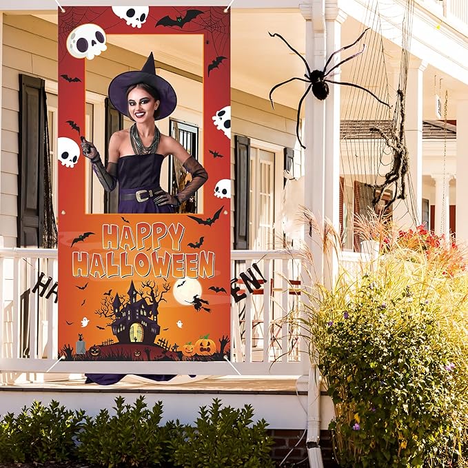 Halloween Photo Booth Props Frame Party Decorations 35 x 73Inch Halloween Picture Backdrop for Birthday Party Supplies Indoor Outdoor Decor (Orange)