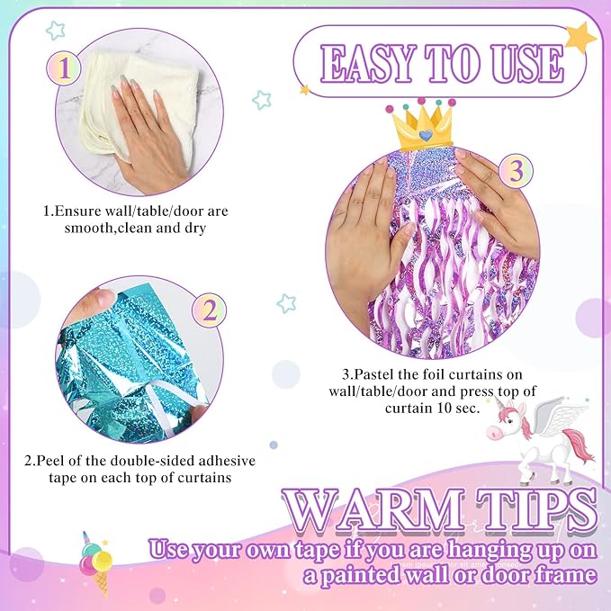 Jutom 6 Pieces 3.3 x 6.6 ft Wavy Tinsel Foil Fringe Curtains Foil Fringe Streamer Backdrop Party Curtain for Sea Mermaid Baby Shower Birthday Party Decoration(Purple, Pink, Blue Green)