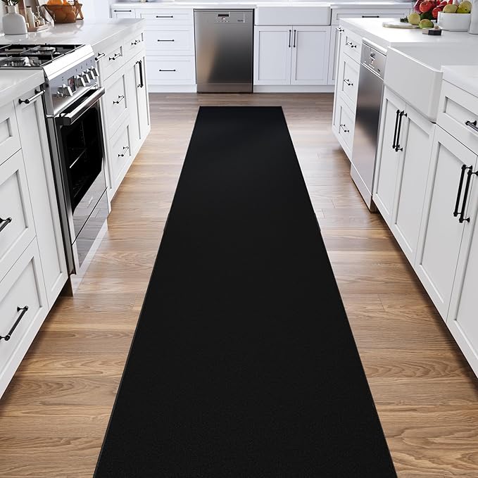 Ottomanson 3x20 Non Slip Extra Long Hallway Runner Rug with Rubber Backing - Solid Modern Kitchen Rug for Bedroom or Living Room, Black, 2'7" x 20'