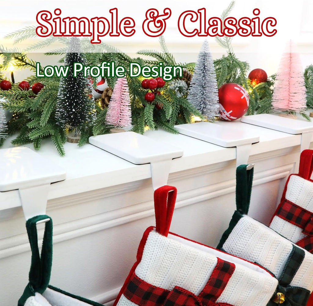 HMASYO Christmas Stocking Holders for Mantle Set of 2, White Heavy Duty Iron Stocking Hangers Base, Low Profile Weighted Stocking Holder Hooks for Fireplace Tabletop Shelf Christmas Decoration