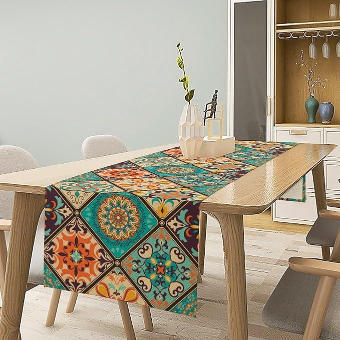 Bohemian Patchwork Table Runnerboho Colorful Tile Patchwork Indian Floral Print Table Runner for Home Kitchen Indoor Outdoor Party Wedding Decor, 13x90inch