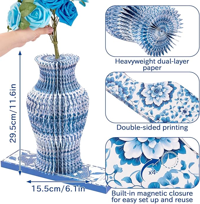 Blue and White Paper Honeycomb Vase, 11.6 Inch Foldable Decorative Vase with Magnetic Closure, Chinoiserie Décor Vase, Reusable Table Centerpiece for Home Decor, Party Decorations