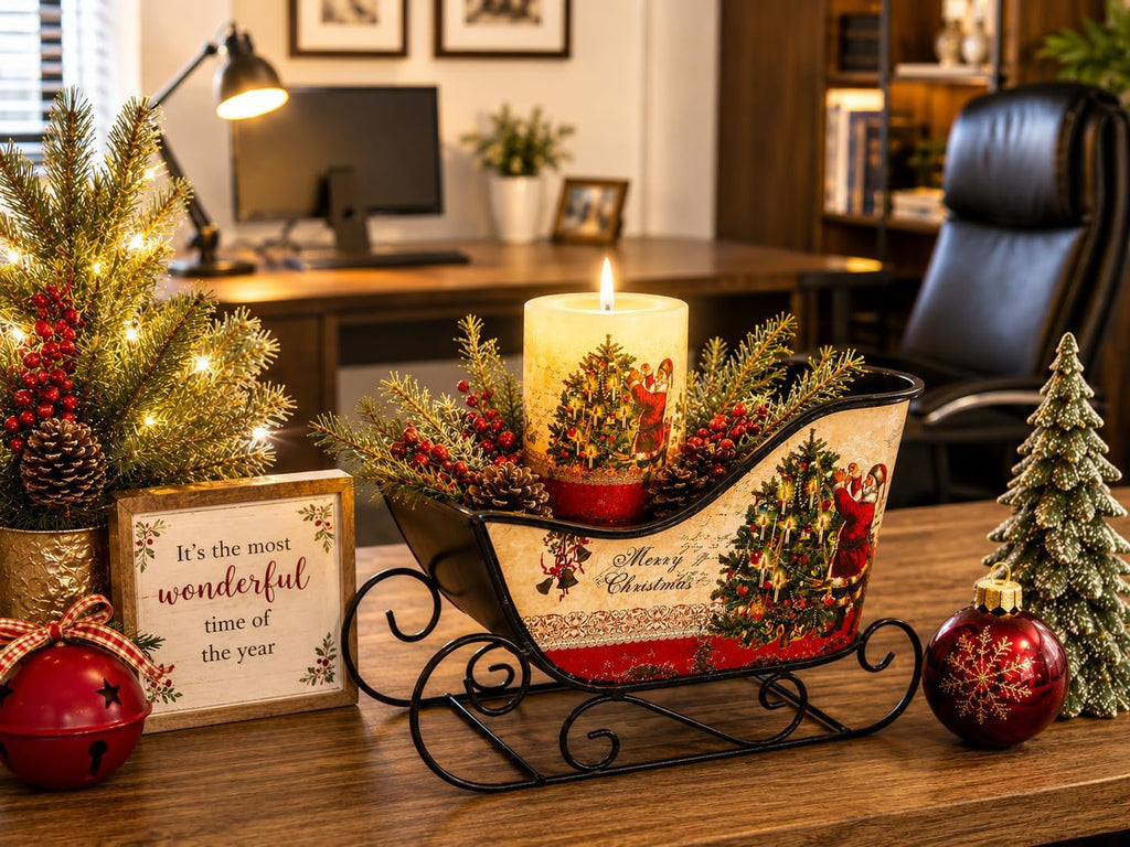 Christmas Sleigh Metal Ornament Small Candy Storage Gift Tabletop Centerpiece Mantel Fireplace (Multicolor Merry Christmas)
