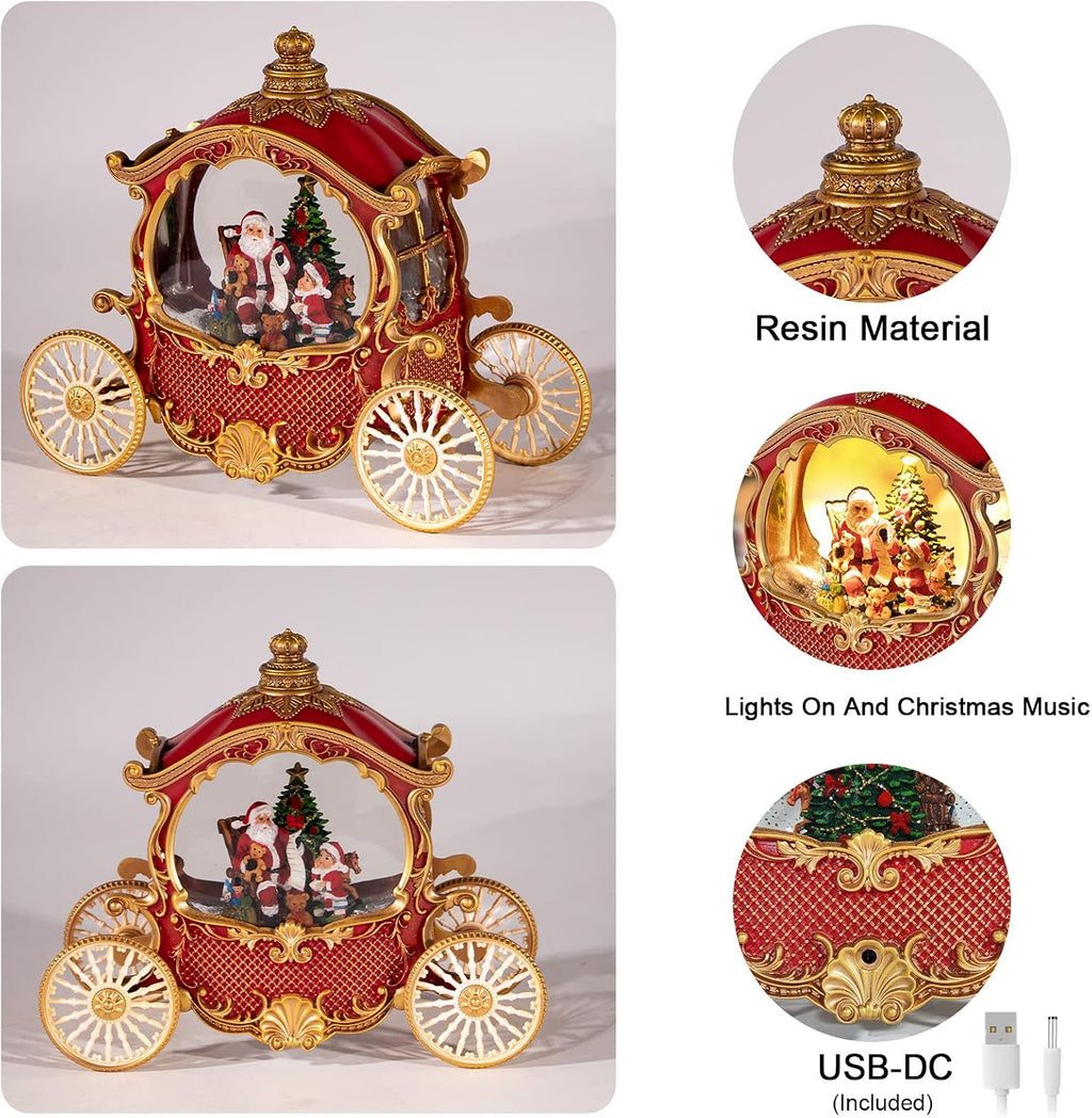 Christmas Snow Globes,Christmas Carriage Snow Globe with 8 Music & Timer, Battery Or USB Cable Powered Operated Glittering for Christmas Table Centerpiece Decoration.Gift- Santa,Christmas Tree