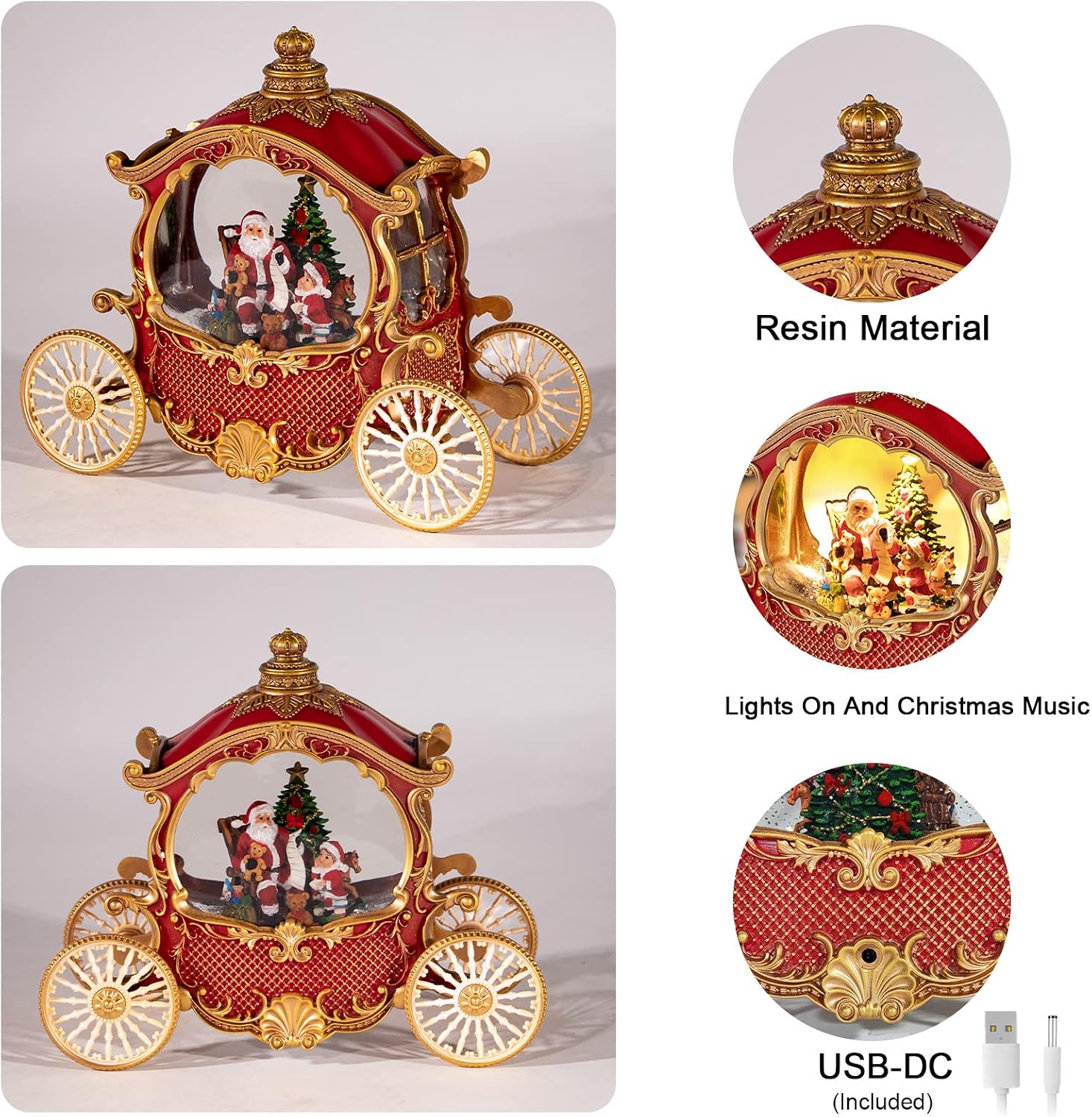Christmas Snow Globes,Christmas Carriage Snow Globe with 8 Music & Timer, Battery Or USB Cable Powered Operated Glittering for Christmas Table Centerpiece Decoration.Gift- Santa,Christmas Tree