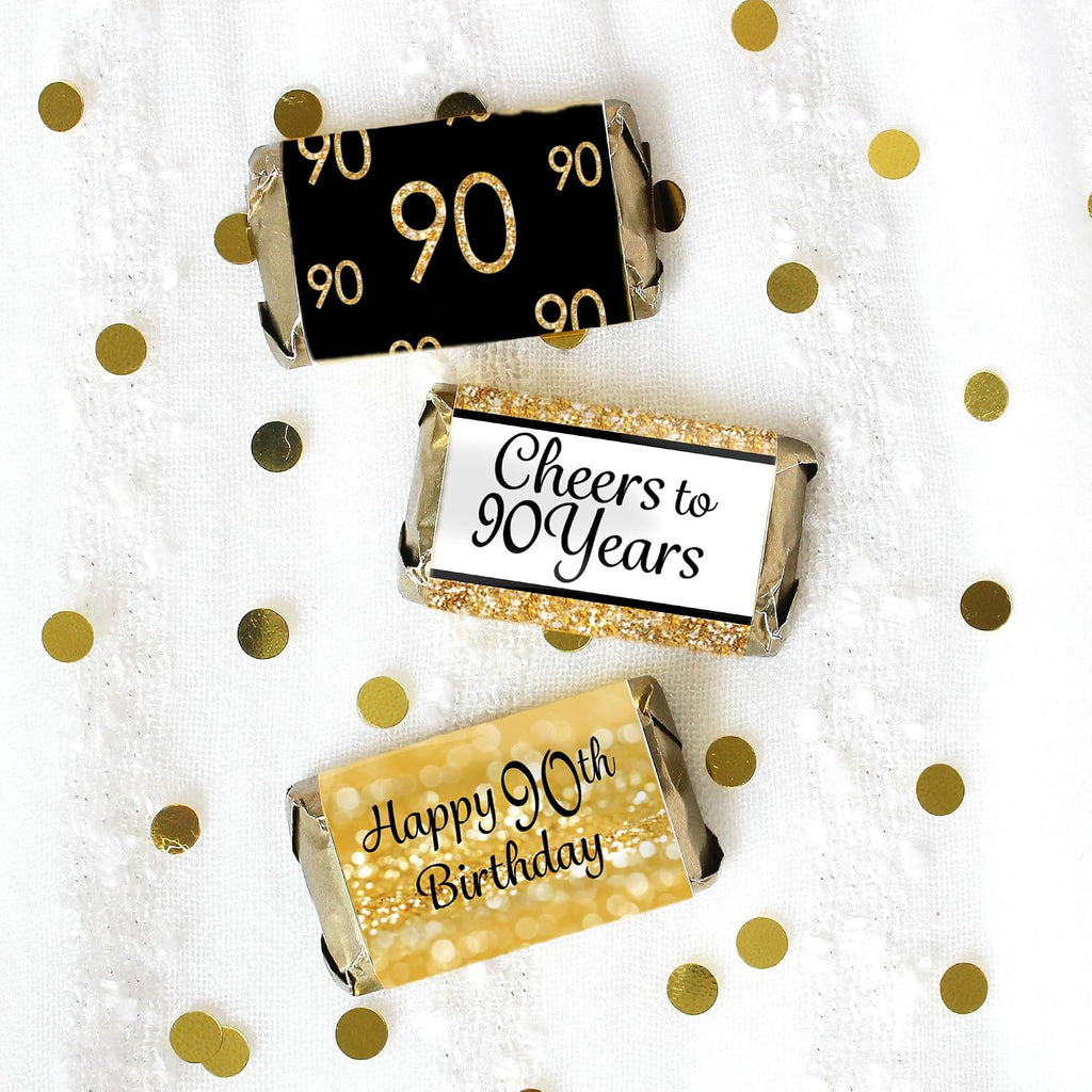 Black and Gold 90th Birthday Party Mini Candy Bar Wrappers, 90th Birthday Decorations - 42 Stickers