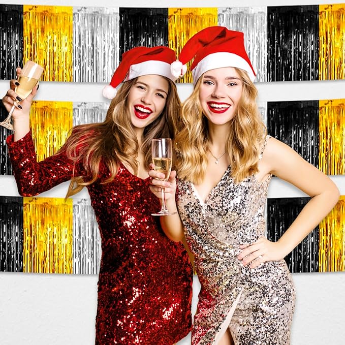 3 Pack 10 Feet Black Gold Silver Foil Fringe Garland Metallic Tinsel Streamers Banner Wall Hanging Curtain Backdrop for Parade Floats Christmas, Valentine's, Thanksgiving, Birthday Party Decorations