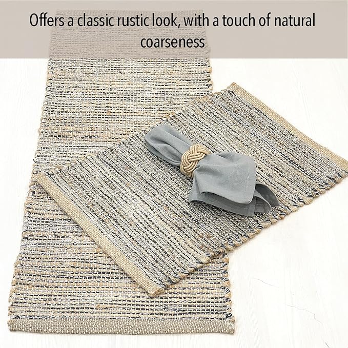 Chardin home Natural Jute Table Runner 13x48 Inch – Vintage Boho Rustic Table Decor – Handwoven Table Runner in Natural Jute and Grey – Farmhouse Dining or Console Table Accent