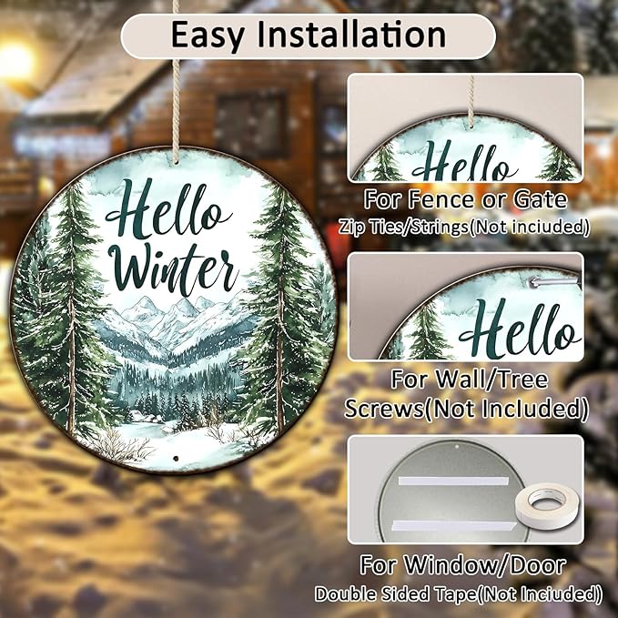Round Christmas Metal Tin Sign Hello Winter Sign Christmas Pine Trees Welcome Door Sign Xmas Winter Holiday Farmhouse Rustic Wreath Sign for Indoor Outdoor Home Wall Window Decor 8 * 8 in