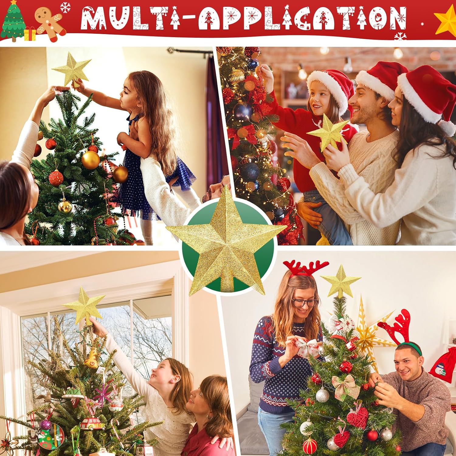 Glitter Christmas Star Tree Topper for Holiday Decorations, Christmas Tree Decoration for Holiday Ornament and Home Decor, Shatterproof Tree Toppers for Party Indoor ＆ Outdoor-Gold 8 inch