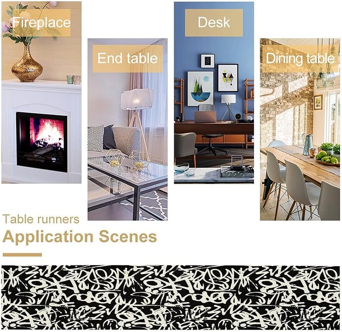 Graffiti Table Runner,Black White Abstract Messy Art Theme Pattern Print Tablecloth Burlap for Hotel Indoors Outdoor Dining Room Kitchen Home Decor,W13X L108 in