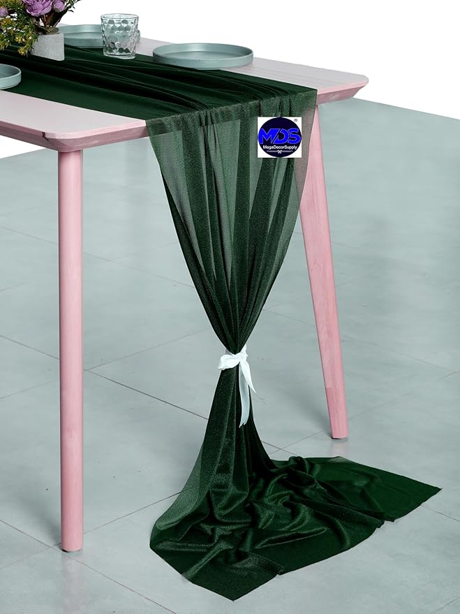 MDS 2 Pack 14ft Chiffon Table Runner 29 x 170 Inches Sheer Wedding Runner Romantic Rustic Table Runner for Wedding Decorations, Birthday Parties, Bridal Shower Party Arch Decor - Hunter Green