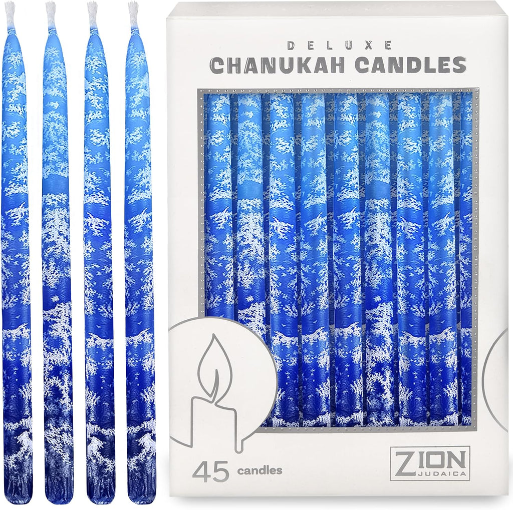 Premium Hanukkah Candles Set of 45 Frosted Multi Blue Winter Holidays Theme Candles 1-Hour Thin Tapered for All Hanukah Nights with DIY Dreidel & Chanukah Candle Lighting Blessings