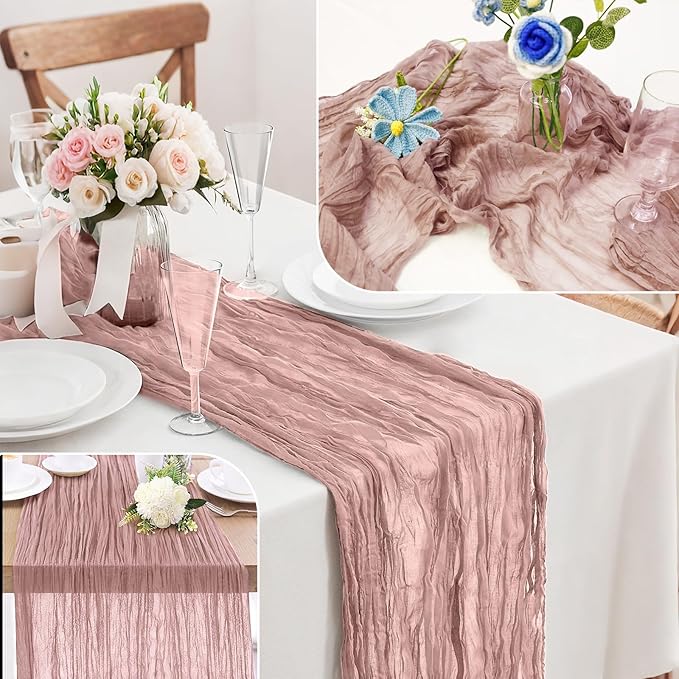 12-Pack Dusty Pink Cheesecloth Table Runners – 10FT (35x120 Inch) Boho Rustic Gauze Fabric Cheese Cloth Table Runner for Weddings, Baby Showers, Bridal Shower, Farmhouse & Birthday Party Decor