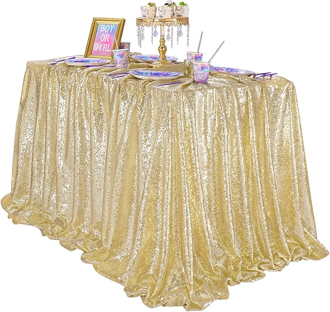 QueenDream Light Gold Tablecloth Party Decorations: Sequin Fabric Cover Drapes 60x102 Inch Tablecloth 16st Birthday Cake Table Graduation Decor