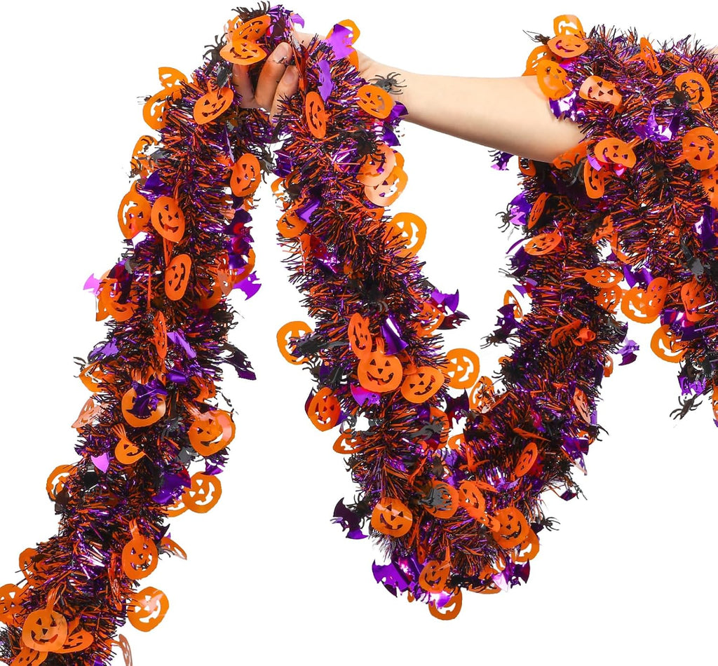 Halloween Tinsel Garland Decor, 50Ft Glitter Tinsel Twist Garland Decorations for Halloween Party Decor