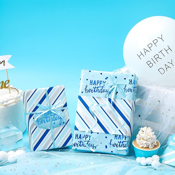 LeZakaa Reversible Blue Birthday Wrapping Paper Roll for Boys Men, Happy Birthday Lettering & Stripe Pattern with Metallic Foil in Blue, 30in x 32.8Ft