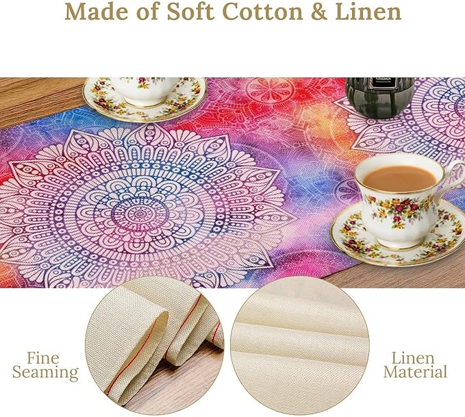 Vintage Mandala Table Runner, Bohemian Indian Purple Starry Colorful Floral Print Table Runner for Home Kitchen Dining Table Party Decor, 13x36inch