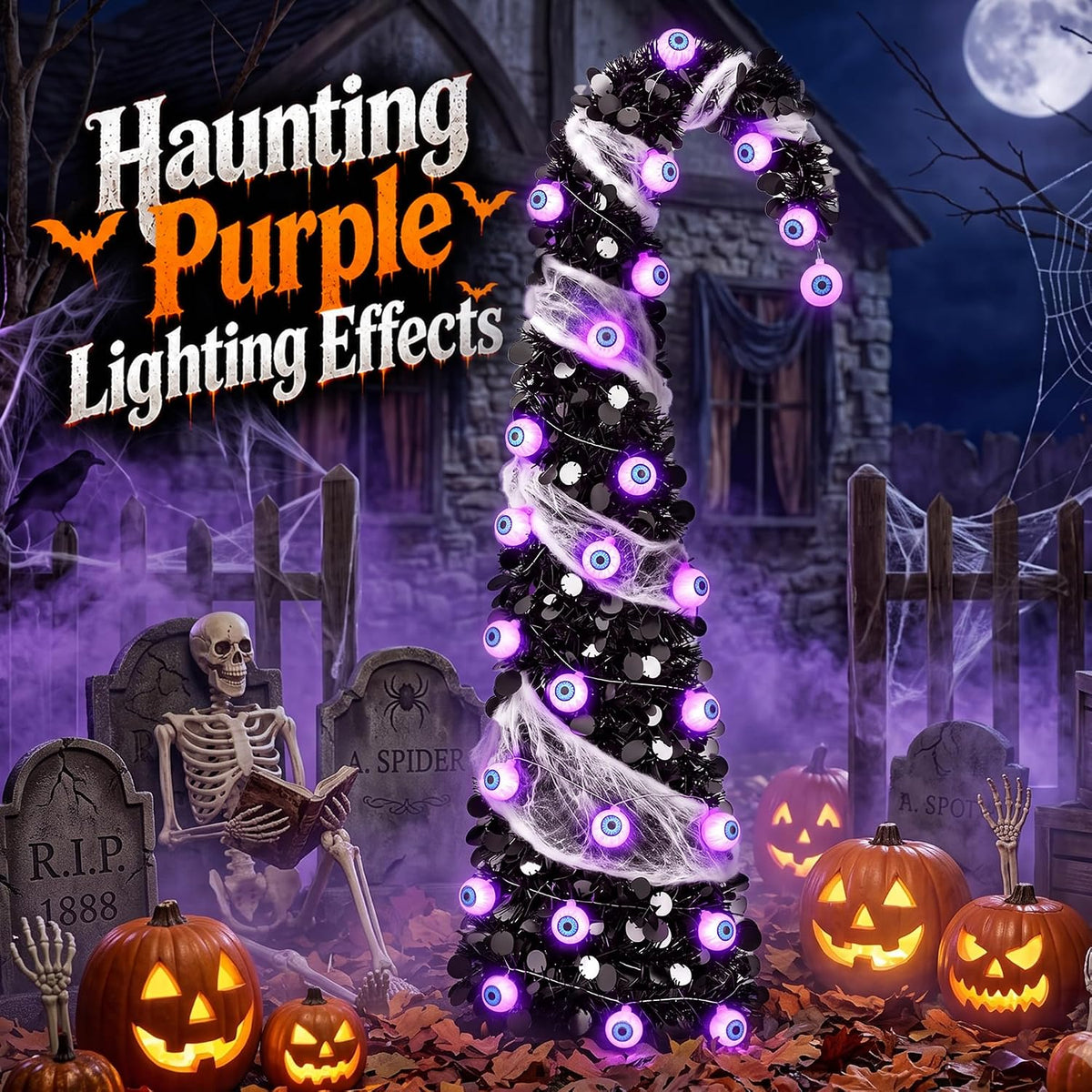 5ft pop up halloween tree with 35 purple, package contents