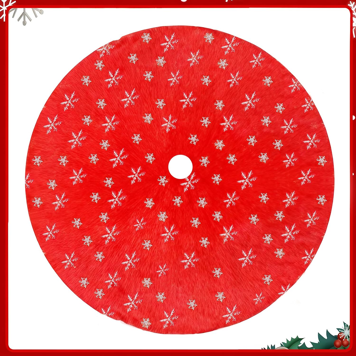 Christmas Tree Skirt, 48 Inch Red Luxury Faux Fur & Silver Sequin Snowflakes, 4ft Xmas Tree Skirt for Holiday Tree Ornaments Christmas Party Home Decorations