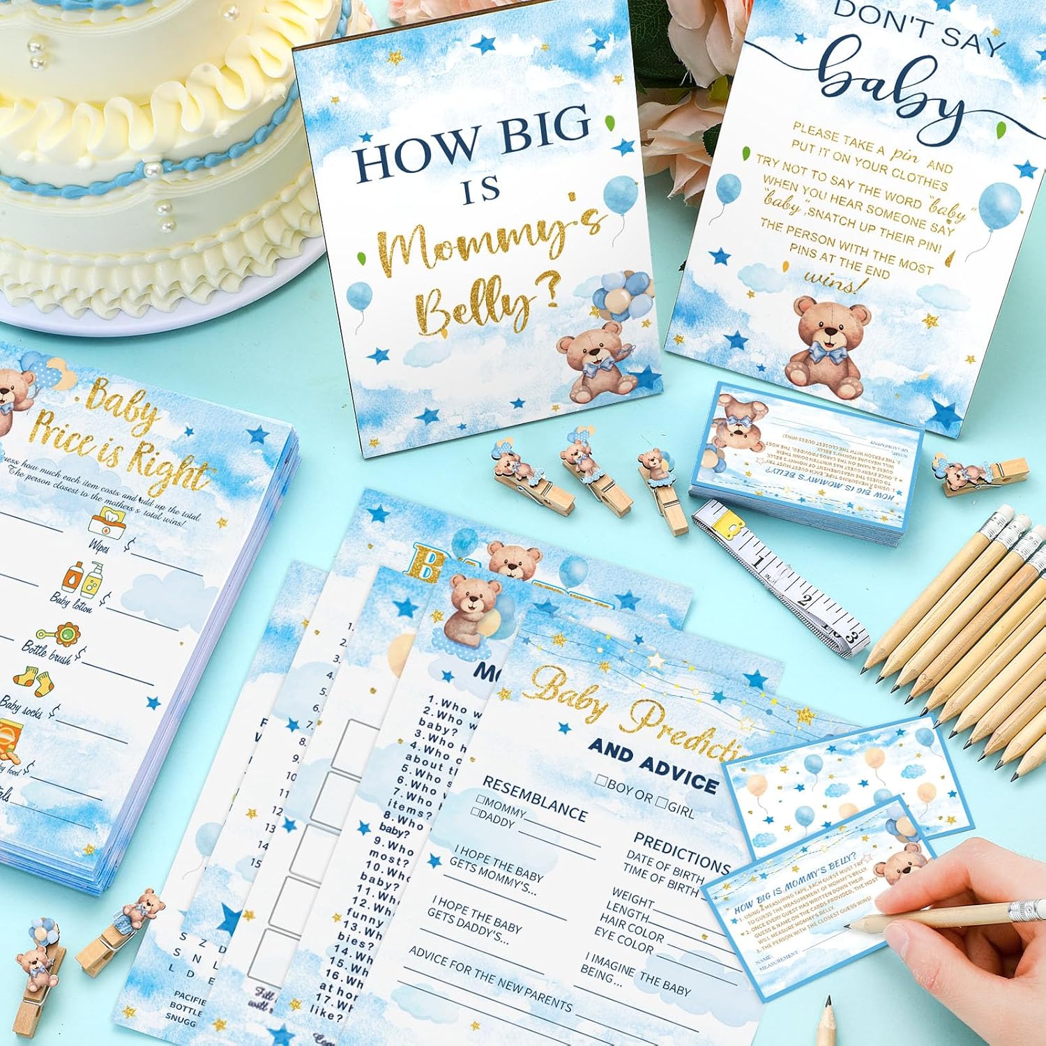 Funnymoom 426 Pcs Blue Theme Bear Baby Shower Decorations Games Set-8 Games Includes Bearly Wait Baby Shower Decorations Bingo Prediction and Advice How Big is Mommy's Belly Don't Say The Words