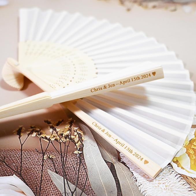 Personalized Engraved White Silk Fans Folding Hand Fans, Summer Wedding Fans, Custom Silk-Bamboo Fans Wedding Party Favor Bridal Shower Gifts (5 Pieces)