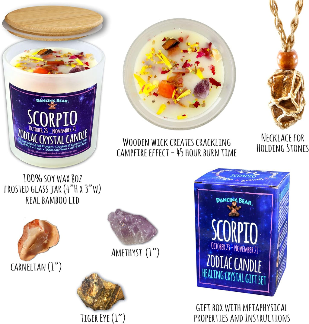DANCING BEAR Scorpio Zodiac Candle Gift Box Set with 3 Healing Crystals & Stone Holder Necklace, 100% Soy Scented Wax, Crackling Wood Wick, 45 Hour Burn Time