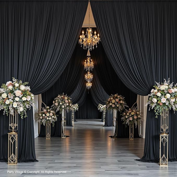 PartyVillage 60ft×15ft Black Backdrop Curtain for Halloween Parties, 12 Panels Wrinkle Free 15 FT Long Polyester Photo Backdrop Drapes Back Drop Cloth for Birthday Photography Background