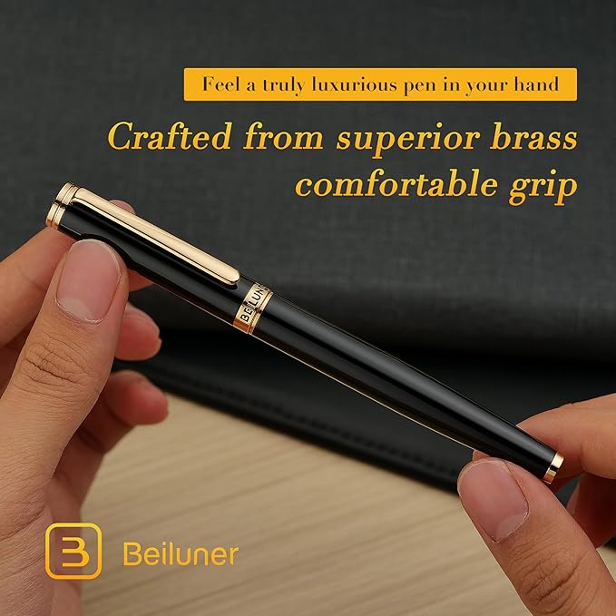 BEILUNER Black Fountain Pen,Stunning Luxury Pens with 24K Gold Accents, Gorgeous 24K Gilded Nib(Medium), Trustworthy Pen Gift for Men&Women -Ink Converter-Elegant, Reliable,Nice Pen for Writing