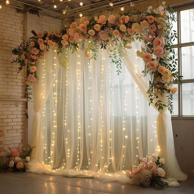 Tulle Backdrop Curtain with Lights String 30 X 8FT Champagne Sheer Tulle Backdrop Curtains for Wedding Birthday Party Reception Photo Booth Background Decorations (6 Panels 5x8FT)