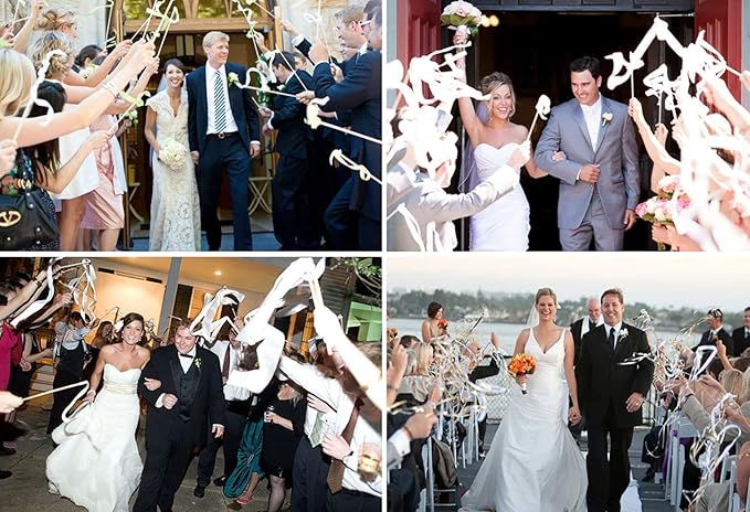 Kingsnow 50 Pack White Lace Ribbon Wands Wedding Streamers with Silver Bells, Silk Fairy Stick Wish Wands for Wedding Send off Party Activities Holiday Celebration