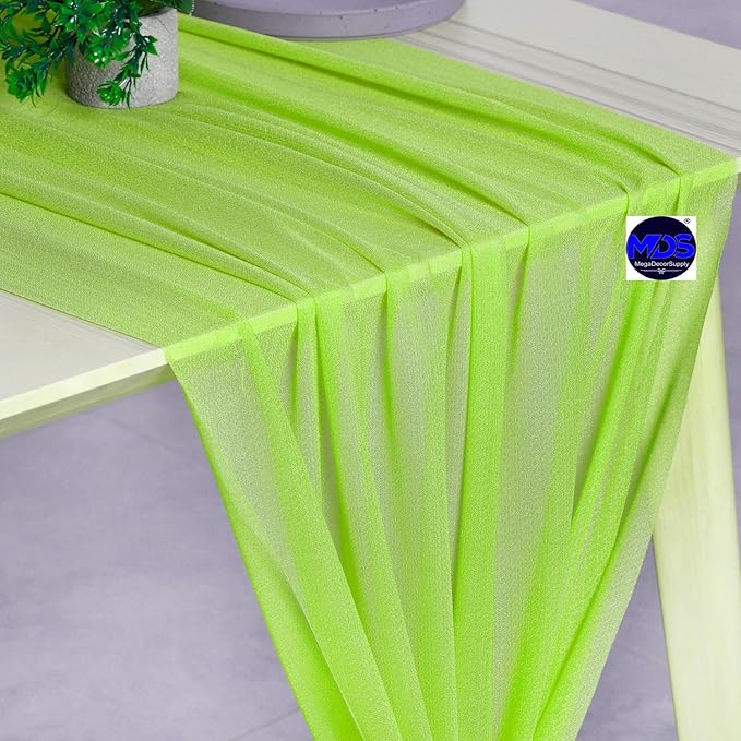 MDS 5 Pack 10ft Chiffon Table Runner 29 x 120 Inches Sheer Wedding Runner Romantic Rustic Table Runner for Wedding Decorations, Birthday Parties, Bridal Shower Party Arch Decor - Parrot Green