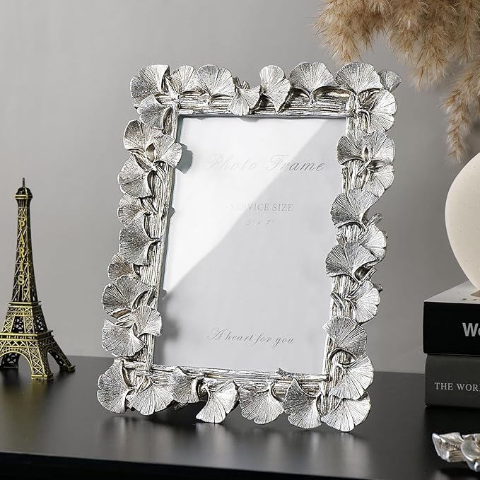 Cuspin Silver 5x7 Picture Frame, Vintage Silver Ornate Leaf Textured Hand-Crafted Resin Frames with Glass Front, Antique Photo Frame for Tabletop Display, Retro Design Home Decor