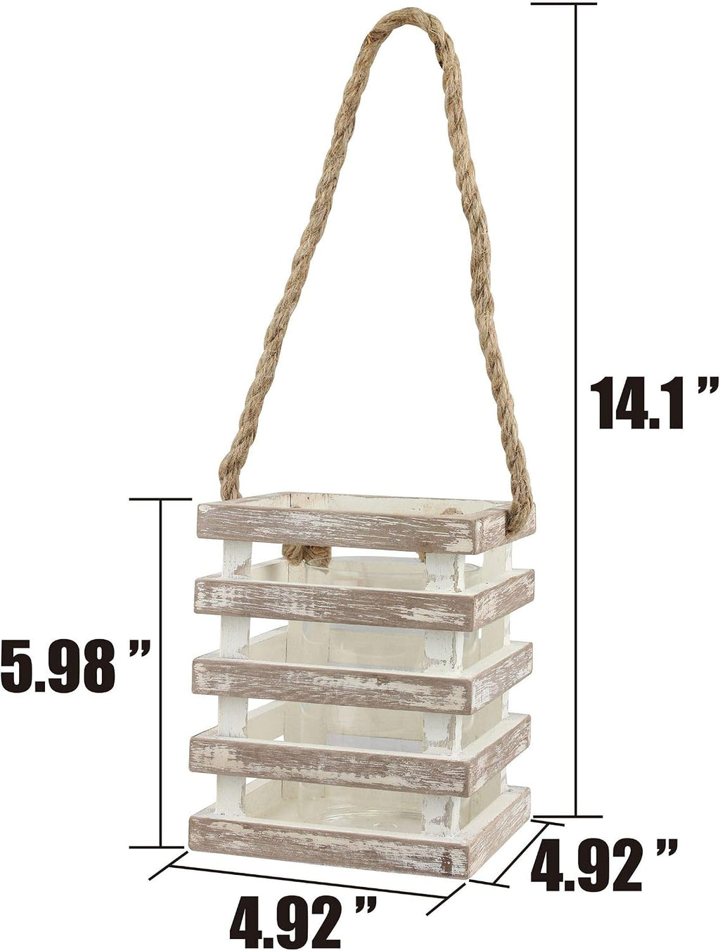 Stonebriar Small Worn White Wooden Beach House Candle Lantern with Rope Handle and Removable Glass Cylinder Hurricane (Pack of 2)