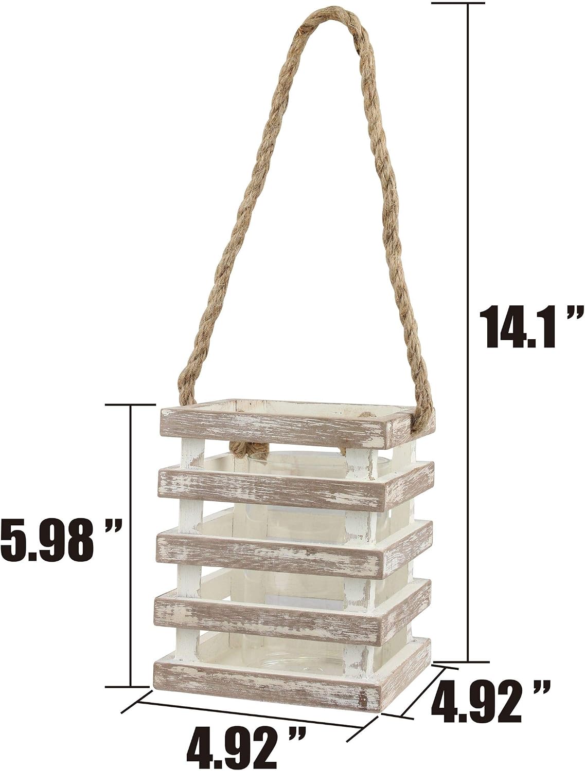 Stonebriar Small Worn White Wooden Beach House Candle Lantern with Rope Handle and Removable Glass Cylinder Hurricane (Pack of 2)