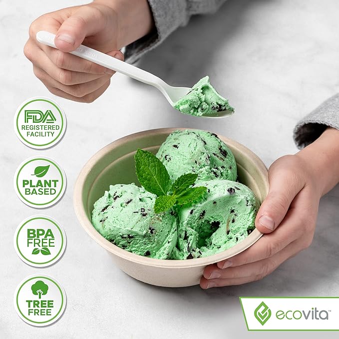 Ecovita 100% Compostable Spoons - 500 Large Disposable Utensils (6.5 in.) Bulk Size Eco Friendly Durable and Heat Resistant Alternative to Plastic Spoons with Convenient Tray