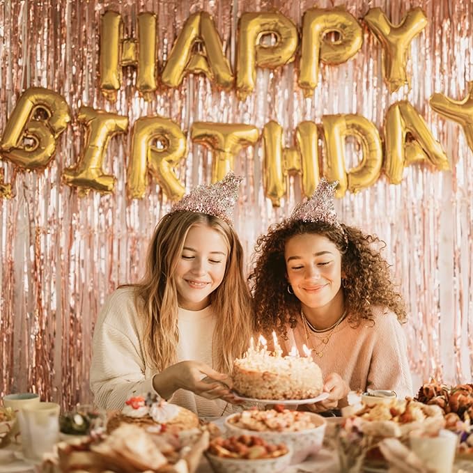 PartyWoo Rose Gold Curtains Backdrop Streamers 3pcs 8.2ft Rose Gold Foil Fringe Tinsel Backdrop Curtain for 21st Birthday Baby Shower Bridal Shower Wedding Engagement Groovy Pajama Party Decorations
